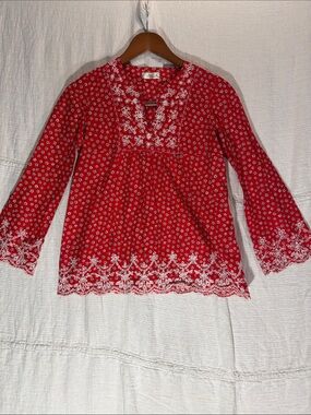 Criss Cross Red Floral Embroidered Eyelet Cotton Blouse Size S Boho Cottagecore